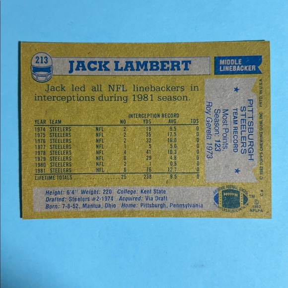 1982 Topps AFC All Pro Jack Lambert Pittsburgh Steelers HoF Linebacker card #213 - Picture 2 of 2